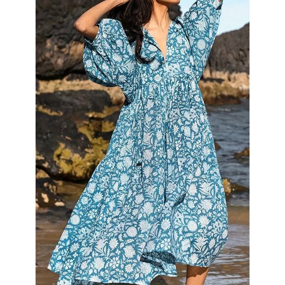 Loose Fit Summer V Neck Half Sleeve Bohemian Pattern Midi Dress - Blue - Picture 1 of 7